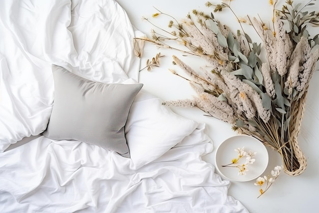 Фото Плоская планировка белого цвета с подушками и сухоцветами, пустое место для макета в стиле бохо