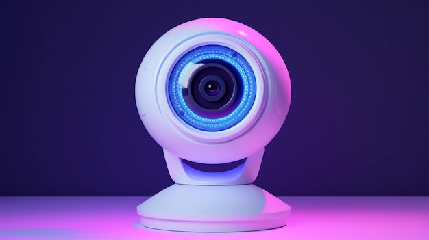 white color portable security camera against dark surface in neon light