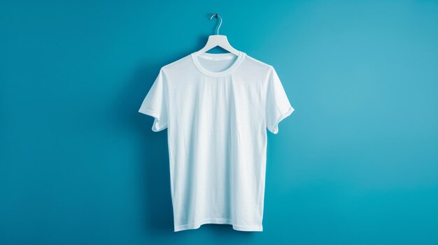 A White color tshirt hanging on hanger against blue background mockup