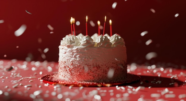 Photo a white colored birthday cake sitting on a red background