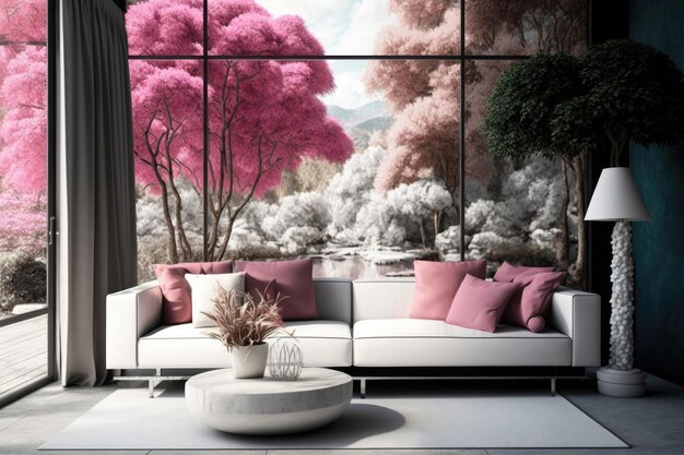 木とパノラマの窓が wi で作成されたモダンなパティオでピンクの詳細と白い快適なソファ