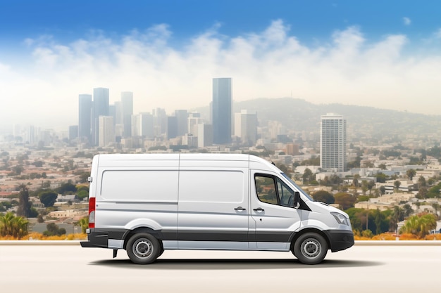 Photo white commercial delivery van on the road with cityscape background side view