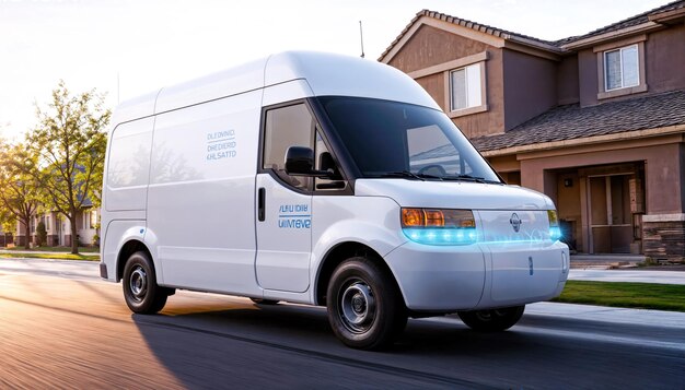 Photo white commercial delivery van with blue lights in front of house