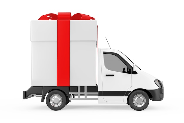 White Commercial Industrial Cargo Delivery Van Truck Loaded with Gift Box and Red Ribbon on a white background. 3d Rendering