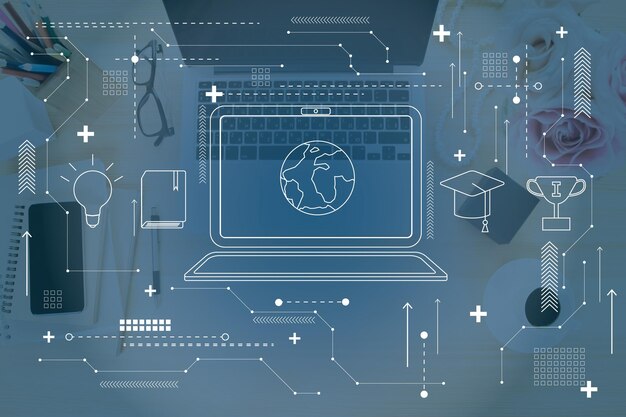 사진 색 컴퓨터 아이콘, 파란색 배경 컵, 헤드북, 전구 표지, 두 번째 층의 테이블 위에 노트북, 전 세계 교육 개념.