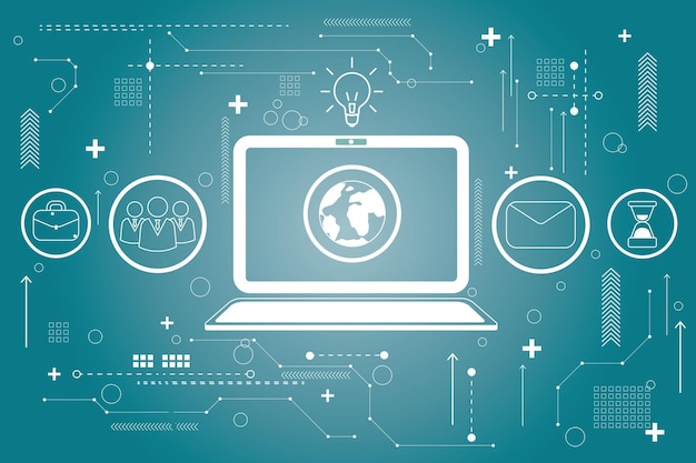 White computer icon turquoise background cup head book lightbulb signs worldwide education concept