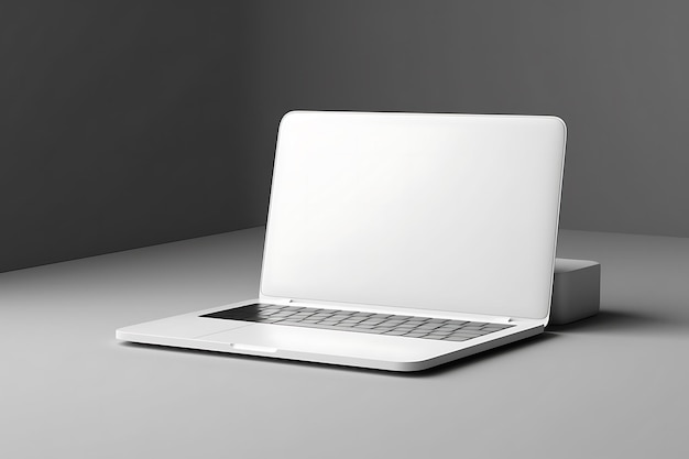 Photo white computer on minimal desktop 3d renderin