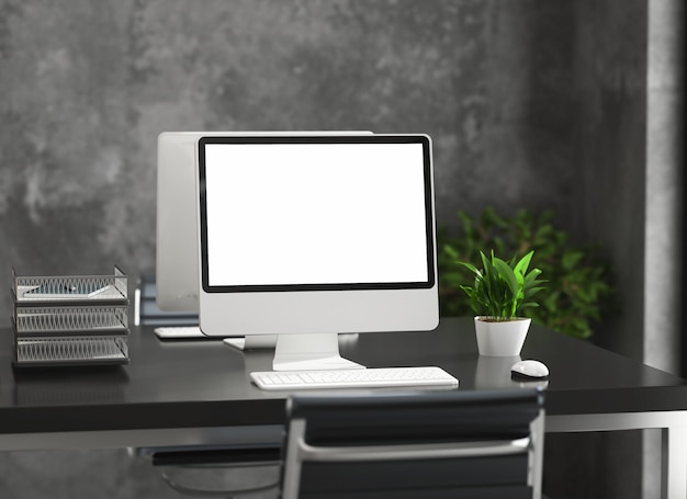 White computer screen standing on an office table. Close up, mock up. 3d rendering