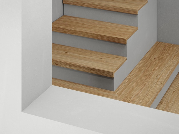 White concrete stairway and wooden step top surface with\
plaster wall background in luxury studio