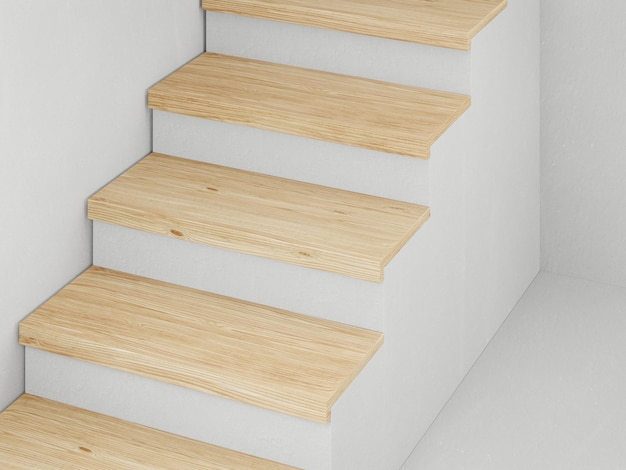 White concrete stairway and wooden step top surface with\
plaster wall background in luxury studio