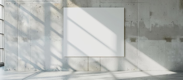 A white concrete wall featuring an empty poster and a focused spotlight