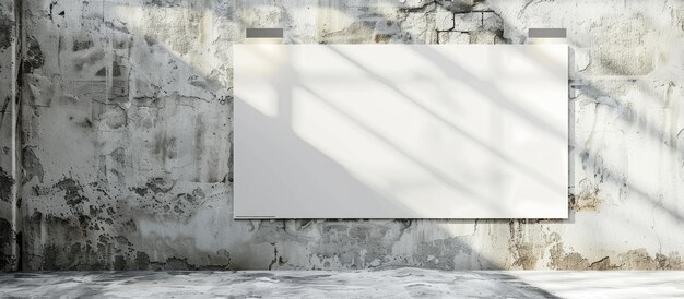 A white concrete wall featuring an empty poster and a focused spotlight