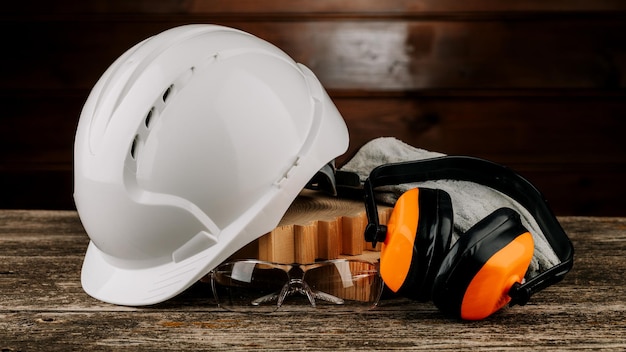 White construction helmet and orange headphones on a wooden background Protective headdress