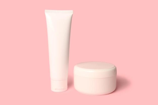 White container of cosmetic cream large and small on a pink background.