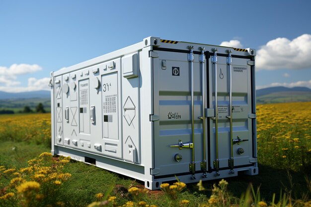 White container holds agricultural chemicals placed in green field