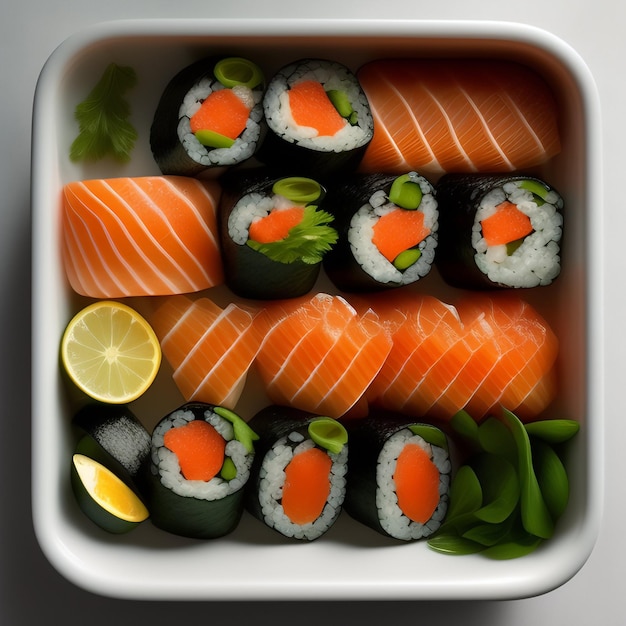 A white container of sushi with a green leaf on top.