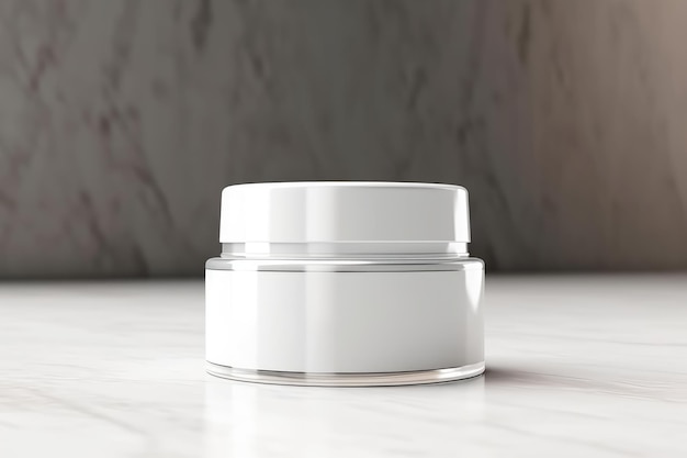 A white container with a clear lid sits on a marble table.