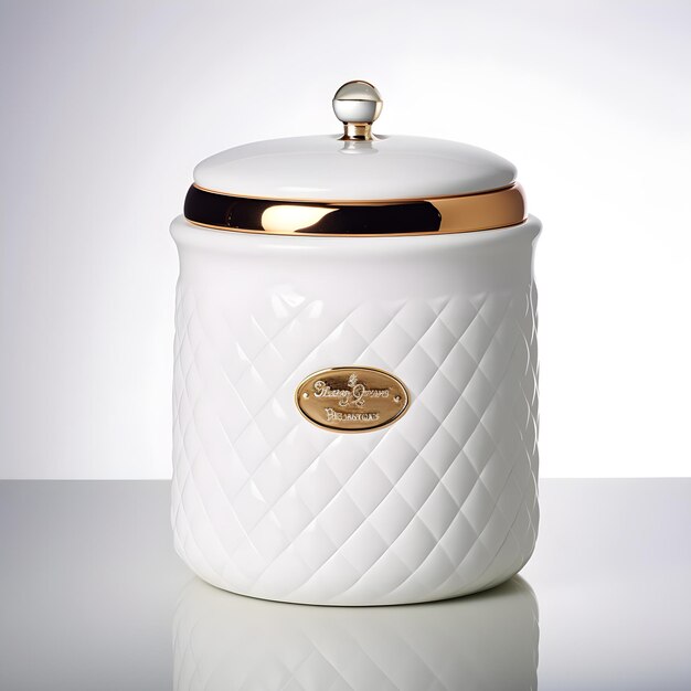 A white container with a gold lid and gold trim sits on a reflective surface.