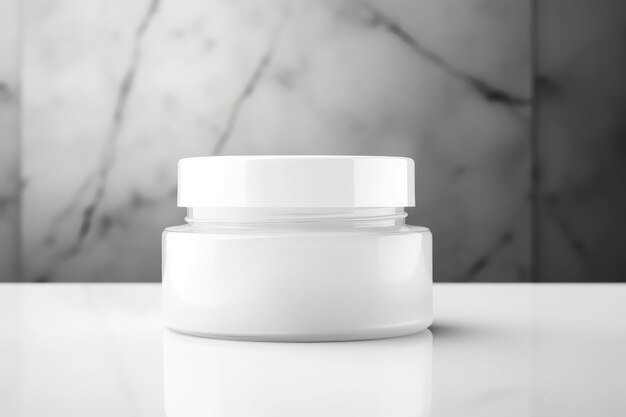 A white container with a white lid sits on a marble table.