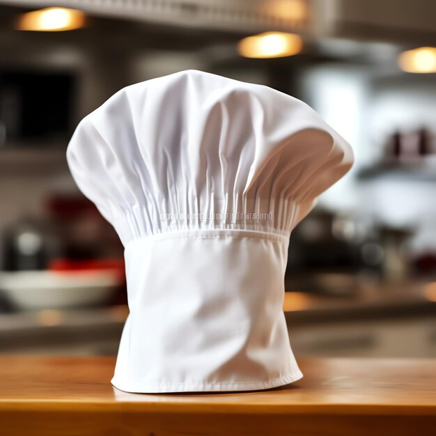 Фото Белая поварская шляпа на кухонном столе и место для копирования вашего украшения. рекламная фотография.