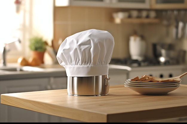 White cook hat in the kitchen table and copy space for your decoration Advertising photography