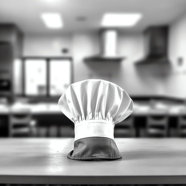 Белая поварская шляпа на кухонном столе и место для копирования вашего украшения. Рекламная фотография.