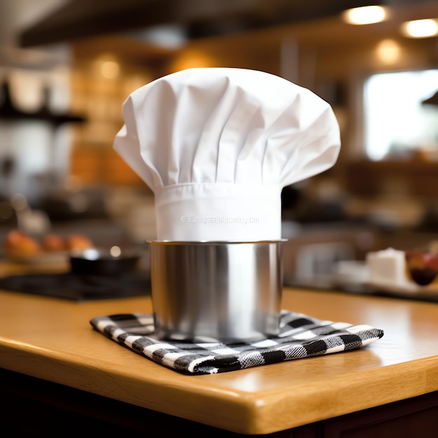 Foto cappello da cuoco bianco sul tavolo della cucina e spazio per la copia per la decorazione fotografia pubblicitaria