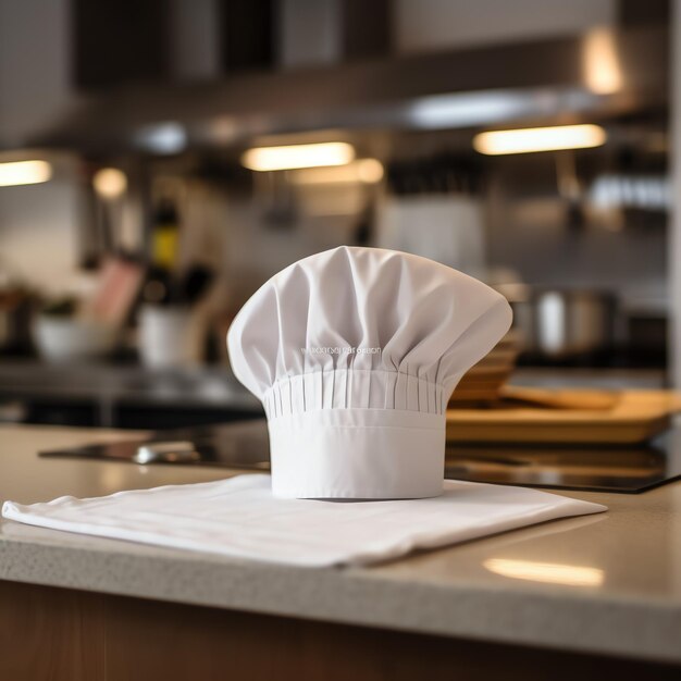 Белая поварская шляпа на кухонном столе и место для копирования вашего украшения. Рекламная фотография.