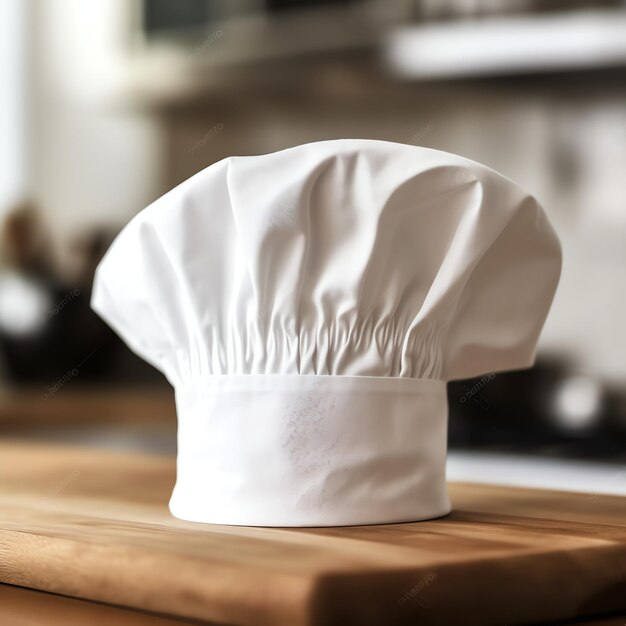 White cook hat in the kitchen table and copy space for your decoration advertising photography