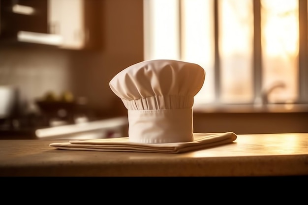 White cook hat in the kitchen table and copy space for your decoration Advertising photography