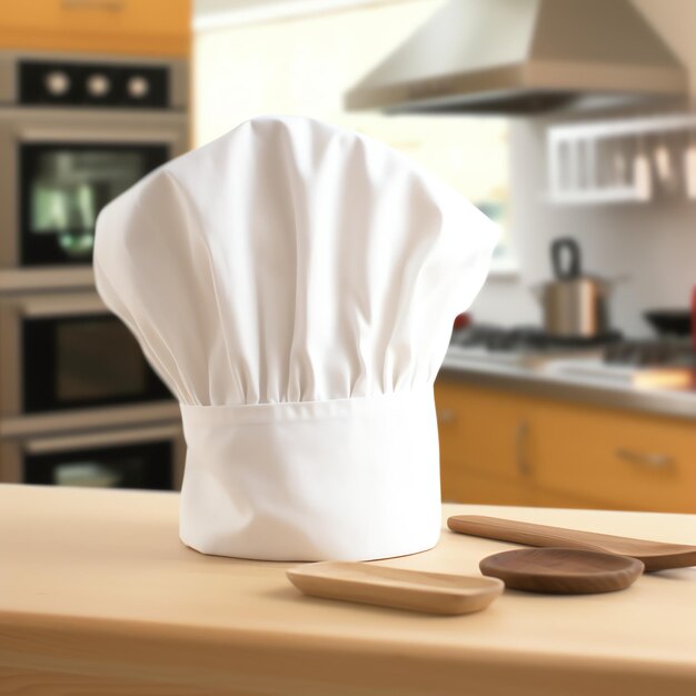 White cook hat in the kitchen table and copy space for your decoration Advertising photography