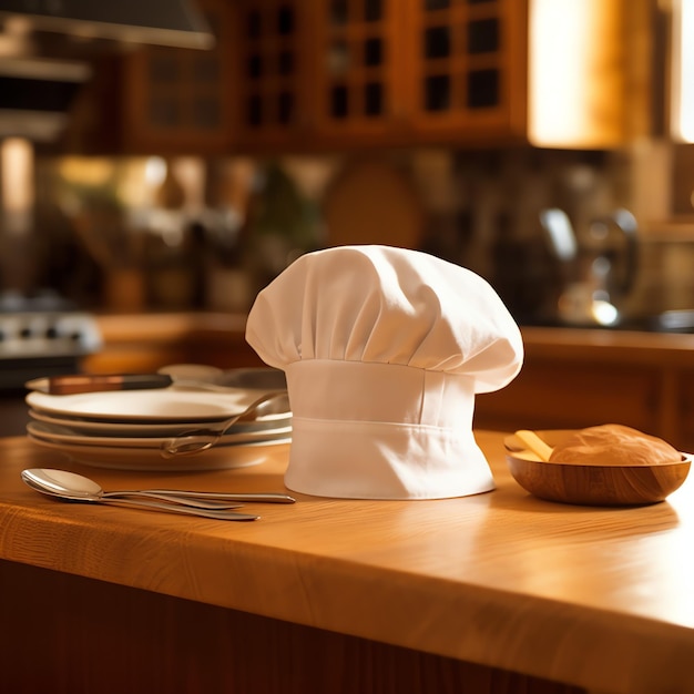 White cook hat in the kitchen table and copy space for your decoration Advertising photography