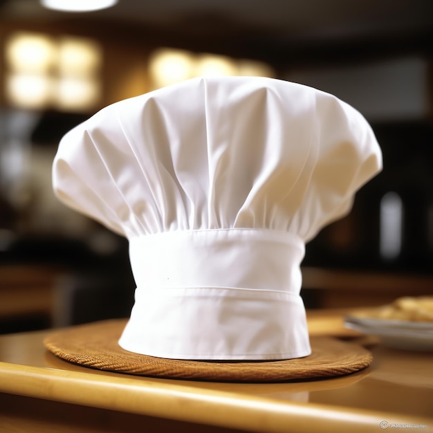 Foto cappello da cuoco bianco sul tavolo della cucina e spazio per la copia per la decorazione fotografia pubblicitaria
