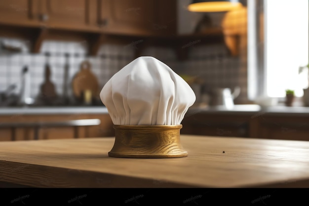 Foto cappello da cuoco bianco sul tavolo della cucina e spazio per la copia per la decorazione fotografia pubblicitaria