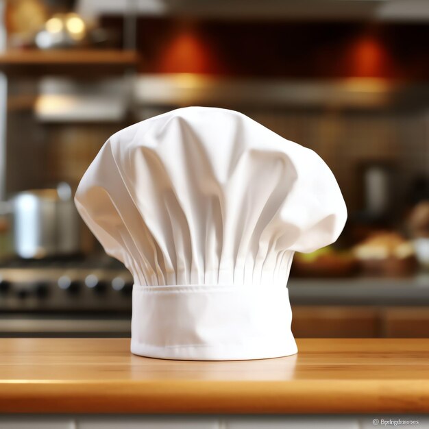 Foto cappello da cuoco bianco sul tavolo della cucina e spazio per la copia per la decorazione fotografia pubblicitaria