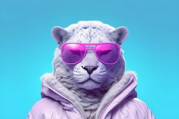 White cool cheeky playful panther in purple glasses and a winter jacket Generated AI