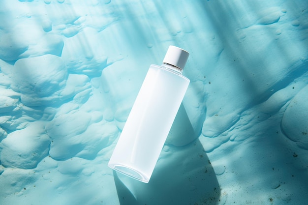 A white cosmetic bottle is floating on the surface of the water it has a blank label that can be us