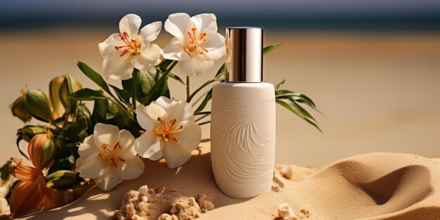 White cosmetic bottle tropic plants and flowers on a sand background