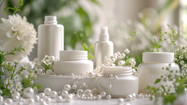 Photo white cosmetic bottles and pearls with green leaves and white flowers