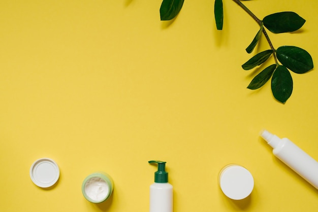 White cosmetic jar and a bottle of cream with a top view of the leaves of plants a mockup of the product design natural organic cosmetics