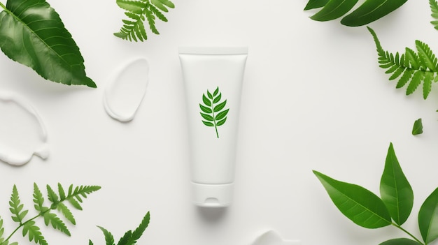 White cosmetic tube with green leaves on white background