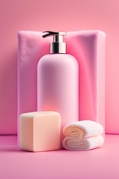 White cosmetics bottle soap and towel on pink background Concept of natural spa cosmetics