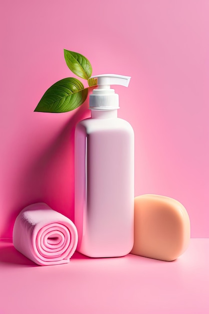 White cosmetics bottle soap and towel on pink background Concept of natural spa cosmetics