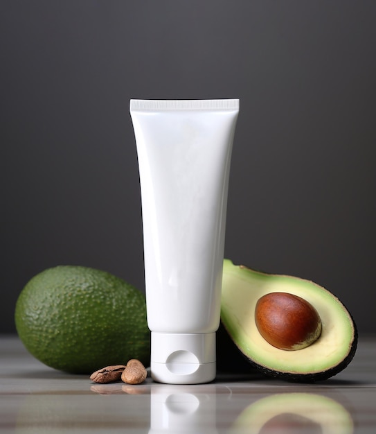 white cosmetics tube for cream and avocado slices