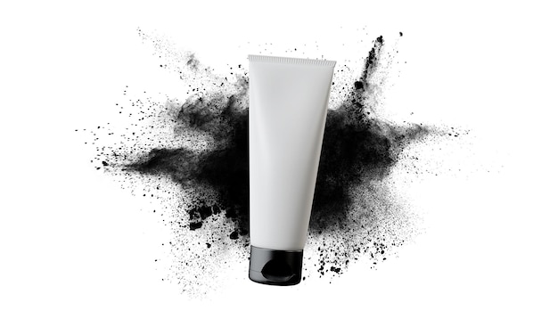 White cosmetics tube mock up with exploding powder background d rendering