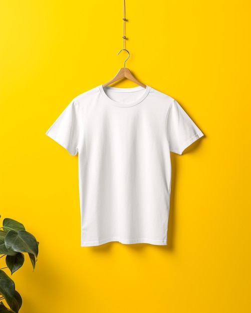 white cotton crumpled tshirt hanging on a hanger on a yellow background summer clothes