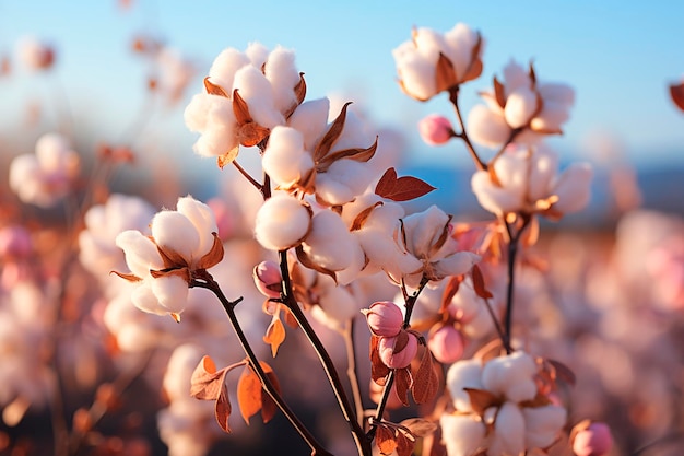 畑の白い綿花 自然綿花 発芽するアイ