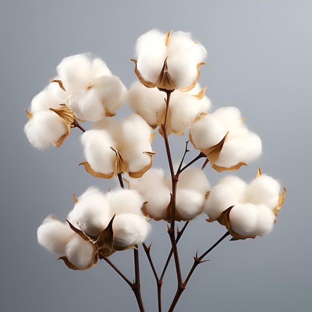 White cotton flowers isolated on gray background Close up of cotton flowers