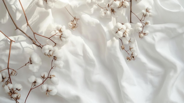写真 白い綿の花を植える 持続可能なファッションや有機製品のための白い綿の布の背景に 環境に優しい維