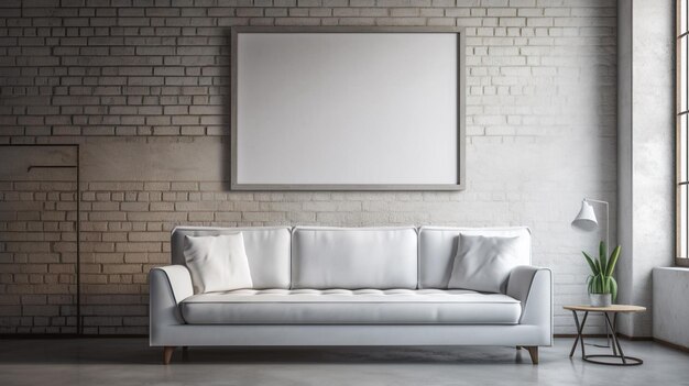 A white couch on a brick wall with a blank picture on it.